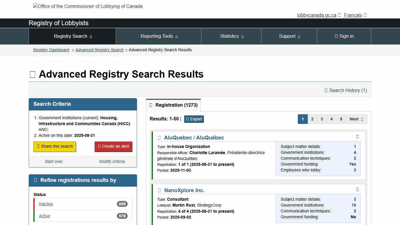 Advanced Registry Search Results - - Lobbyists Registration System - Office of the Commissioner of Lobbying of Canada